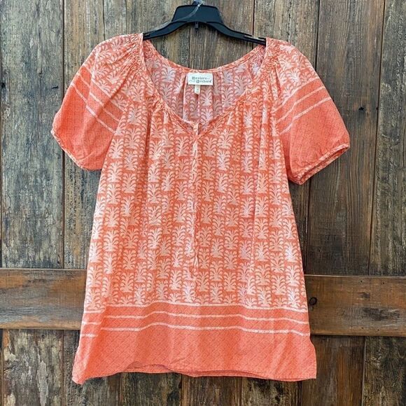Hester Orchard Sz M BOHO Orange Print Pheasant Cap Sleeves Relaxed Blouse - Picture 2 of 10